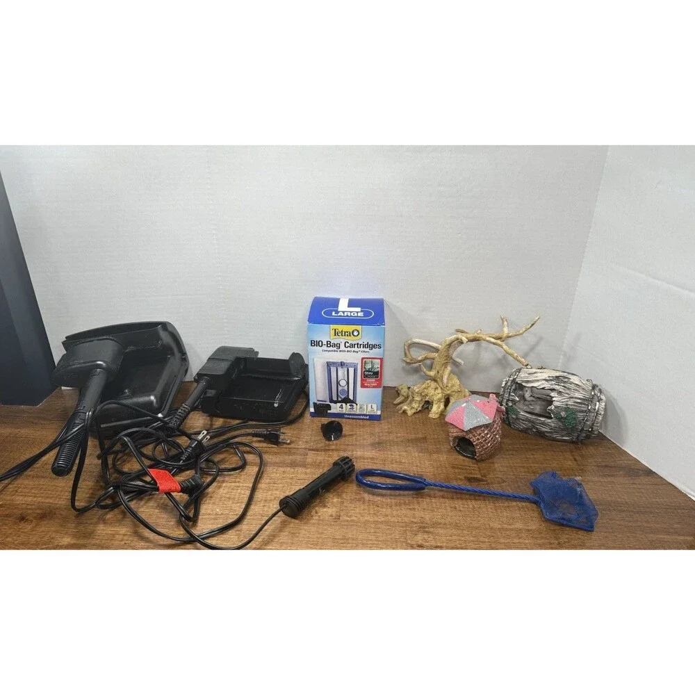 Fish tank supplies, 2 filters, hideaways, tree decoration, heater, fish net, ext